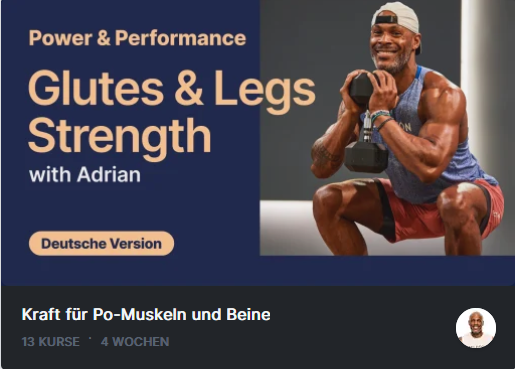 Screenshot aus der Peloton-App. Es ist das „Glutes & Legs Strengh“-Programm mit Adrian Williams zu sehen. Auf dem Foto befindet sich Williams in einer Squat Position, in den Händen hält er eine Kurzhantel.
