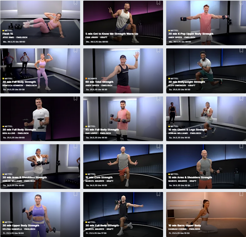 Screenshot aus der Peloton-App. Zu sehen sind 15 Kurse aus der Kategorie Krafttraining. Sie sollen zeigen, wie viele unterschiedliche Kurse es in der Kategegorie Krafttraining gibt.