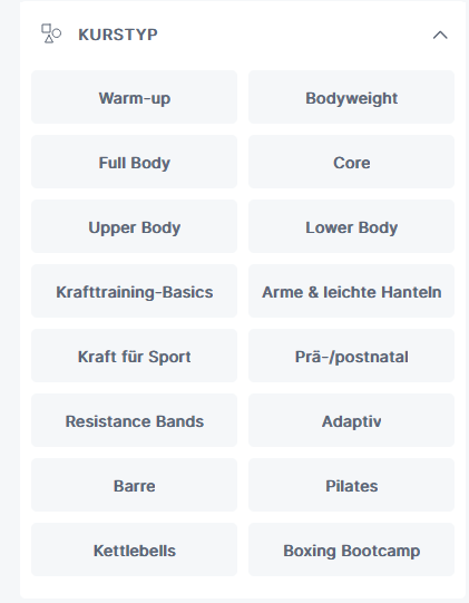 Screenshot aus der Peloton-App. Zu sehen ist der Filter "Kurstyp", der unter dem Reiter "Krafttraining" aufgeklappt wurde. Es werden 16 verschiedene Kurse angezeigt, zwischen denen man auswählen und filtern kann.